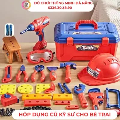 Hộp dụng cụ kỹ sư cho bé trai tặng kèm mũ và kính bảo hộ, khoan bằng pin